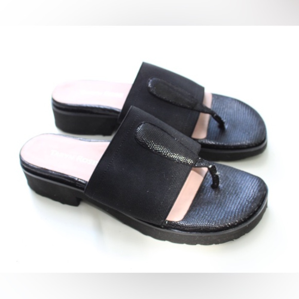 Taryn Rose Black Slide Thong Sandals with Pink Insole